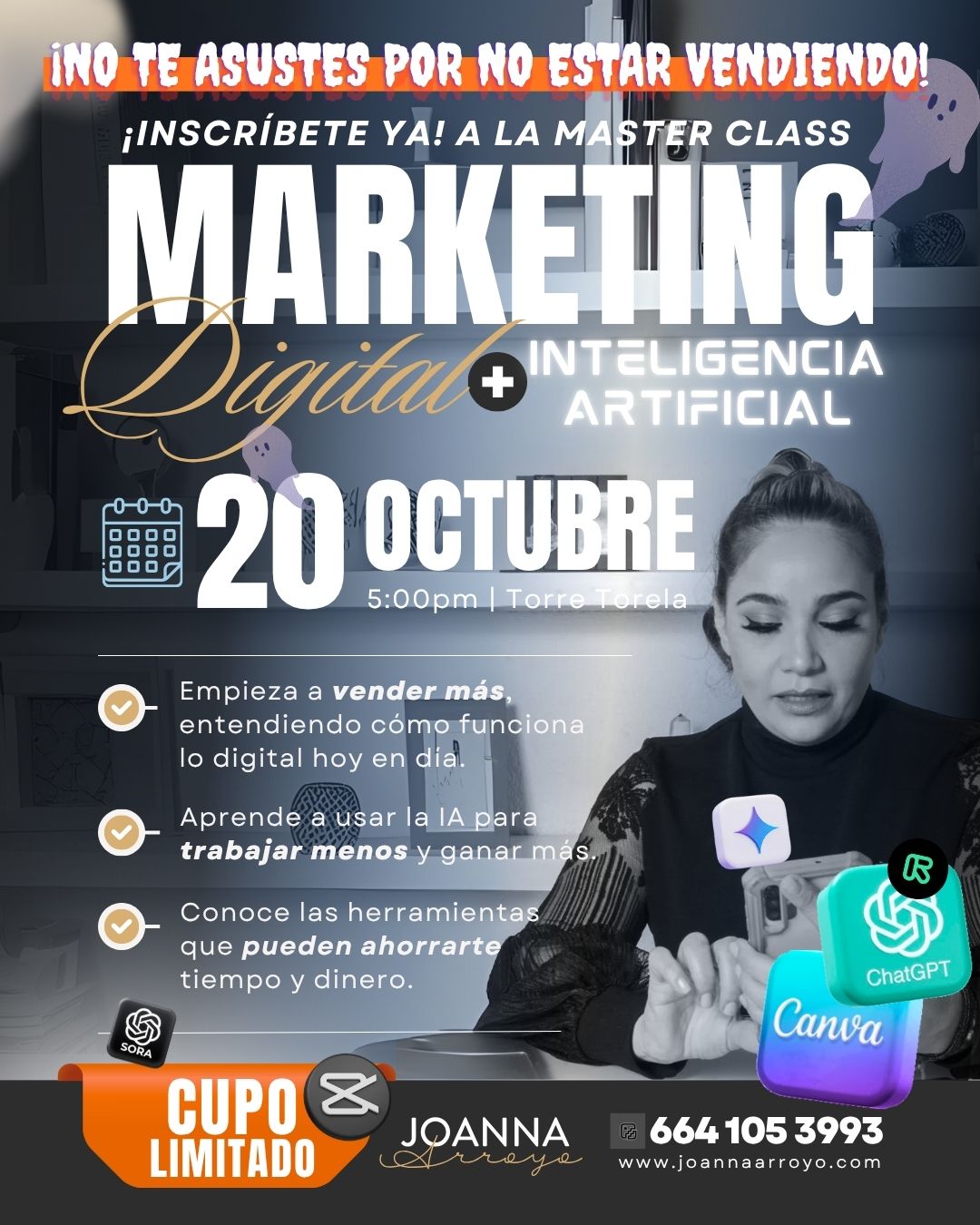 No te asustes por no estar vendiendo, Inscríbete ya a la Master Class: Marketing Digital + IA, 20 de octubre